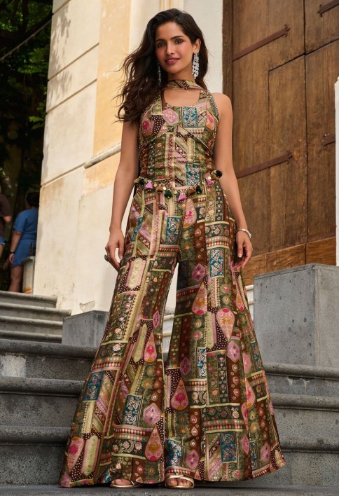 Multi Colour Digital Print Work Jacquard Silk Salwar Suit